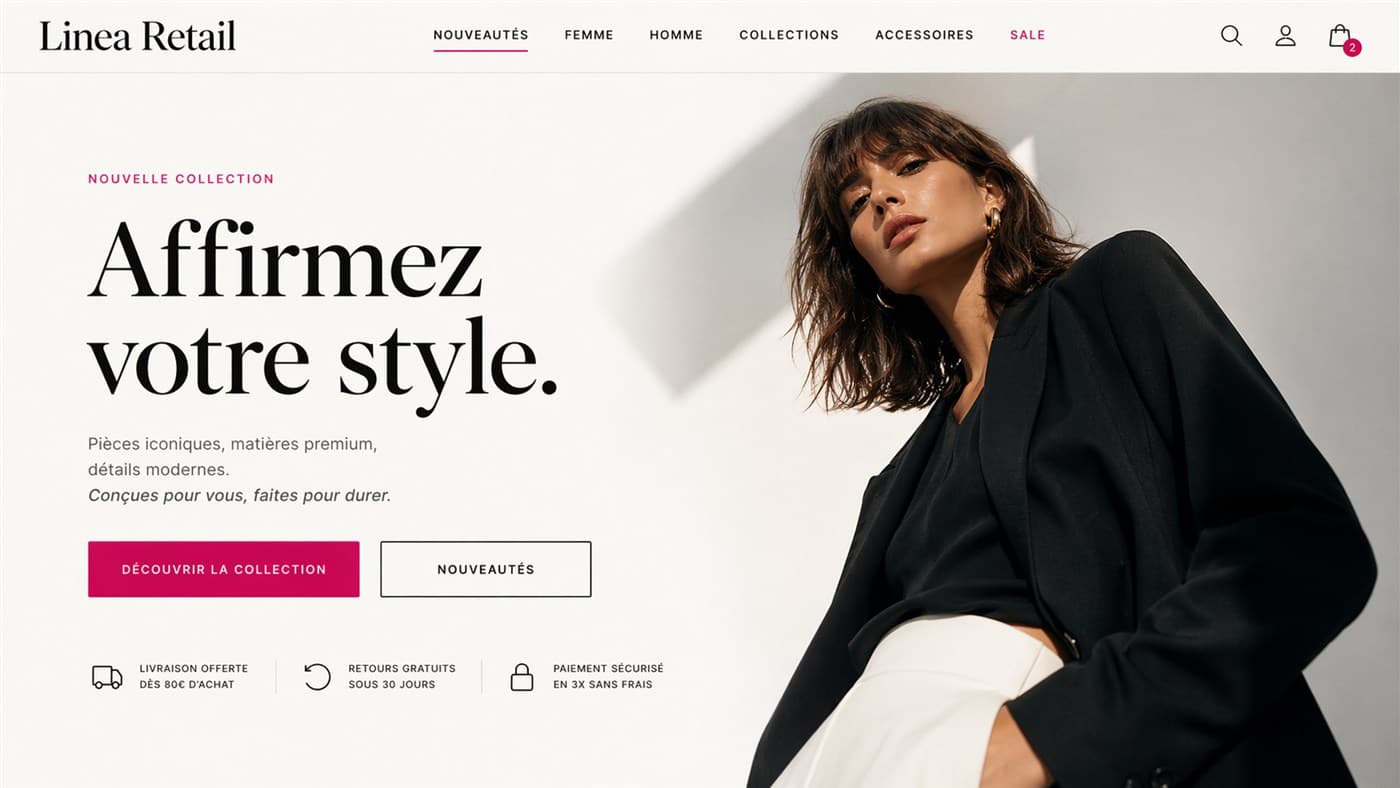 Template de site Linea Retail — header et hero section