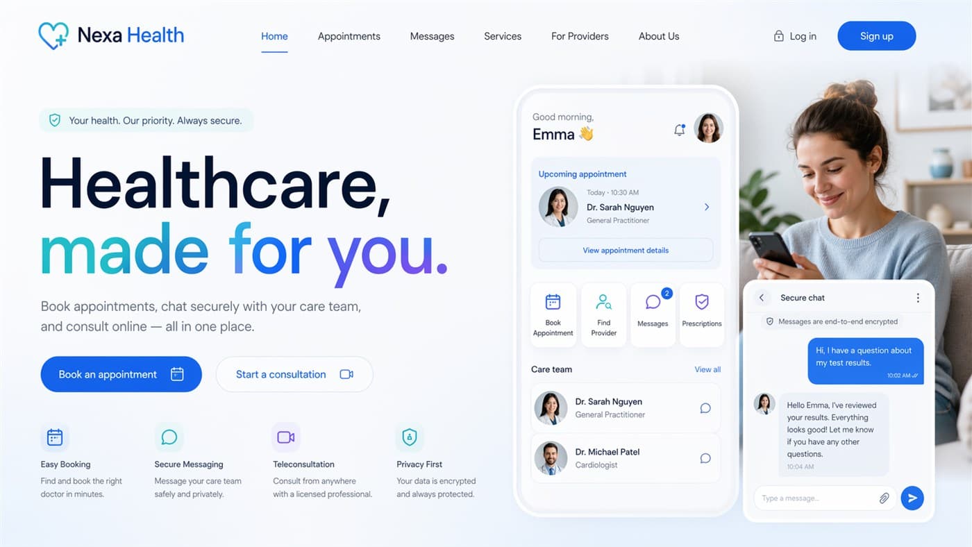 Template de site Nexa Health — header et hero section
